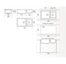Desen tehnic al unei chiuvete cu două cuve și indicații de dimensiuni.