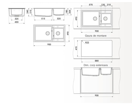 Desen tehnic al unei chiuvete cu două cuve și dimensiuni
