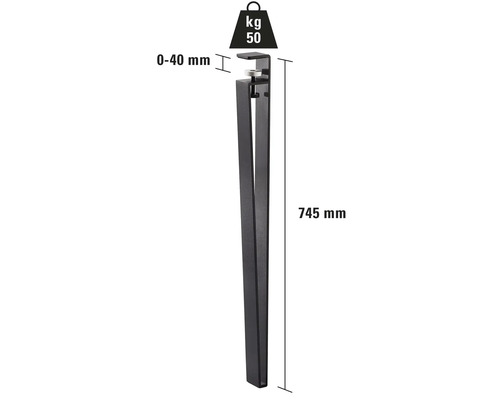 Picior de mobilă cu o lungime de 745 mm și o capacitate portantă de 50 kg.