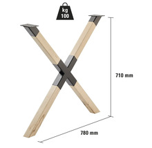 Picior de masă în formă de X din lemn și metal, capacitate portantă 100 kg, înălțime 710 mm, lățime 780 mm