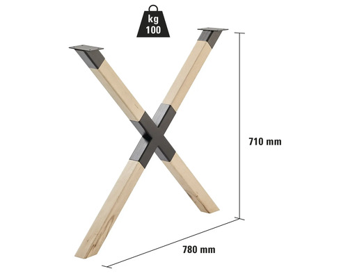 Picior de masă în formă de X din lemn și metal, capacitate portantă 100 kg, înălțime 710 mm, lățime 780 mm
