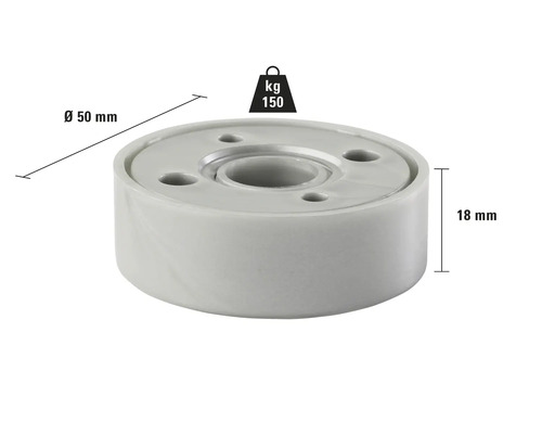 Rotilă pentru mobilă cu o capacitate portantă de 150 de kilograme și dimensiuni de 50 de milimetri în diametru și 18 milimetri în înălțime.