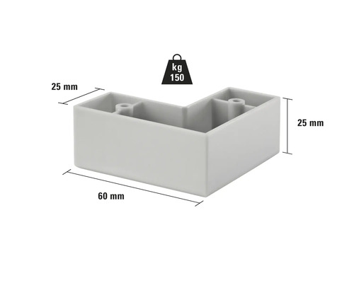 Picior de colț cu dimensiunile de 60 mm x 25 mm și o capacitate portantă de 150 de kilograme.