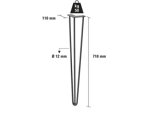 Picior de masă din oțel, formă de agrafă de păr, lungime 710 mm, capacitate portantă 50 kg