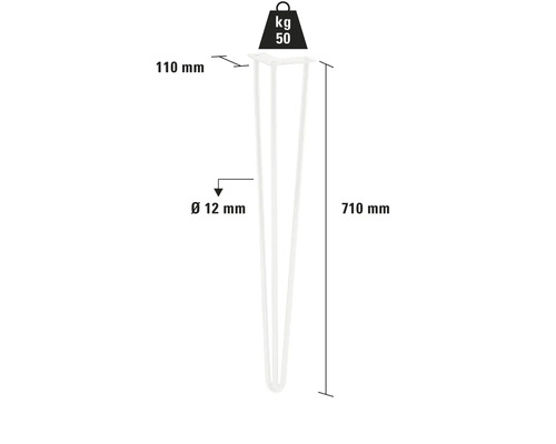 Picior de masă din metal, 710 mm înălțime, diametru 12 mm, capacitate portantă 50 kg