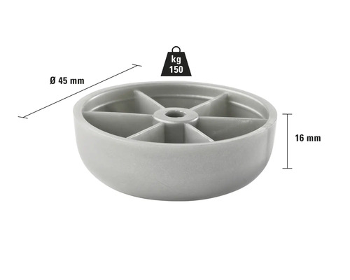 Picior de mobilă din plastic cu diametrul de 45 mm și înălțimea de 16 mm, capacitate portantă 150 kg