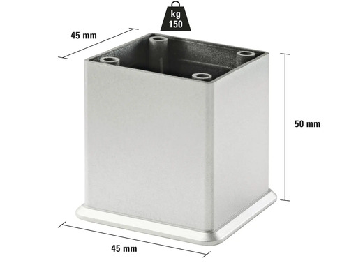 Picior metalic pătrat pentru mobilă, 45 x 45 x 50 mm, capacitate maximă de încărcare 150 kg