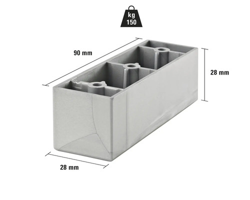 Picior de mobilă din plastic cu dimensiunile 90 mm x 28 mm x 28 mm și o capacitate portantă de 150 kg