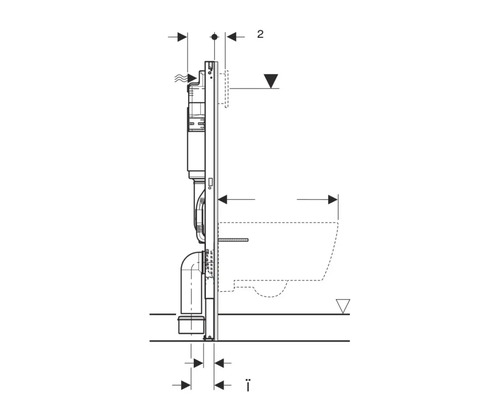 Schema de instalare pentru un element de montaj WC cu indicații de dimensiuni