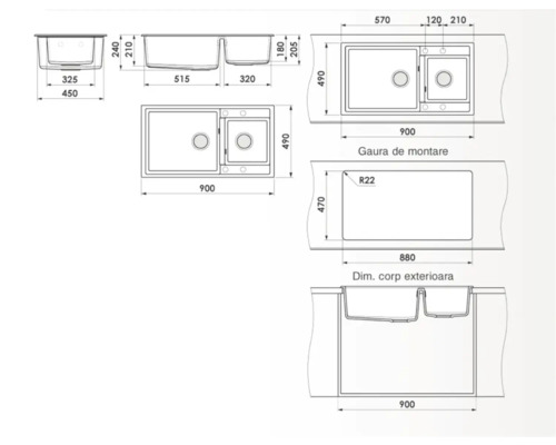 Desen tehnic al unei chiuvete cu cuvă dublă și dimensiuni