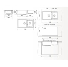 Desen tehnic cu o chiuvetă cu două cuve și indicații de dimensiuni