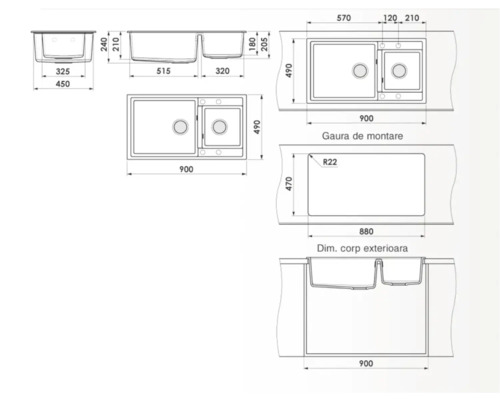 Desen tehnic cu dimensiunile unei chiuvete