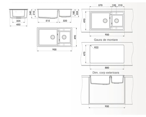 Desen tehnic al unei chiuvete cu dimensiuni.