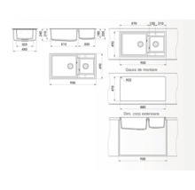Desen tehnic al unei chiuvete cu două cuve și dimensiuni