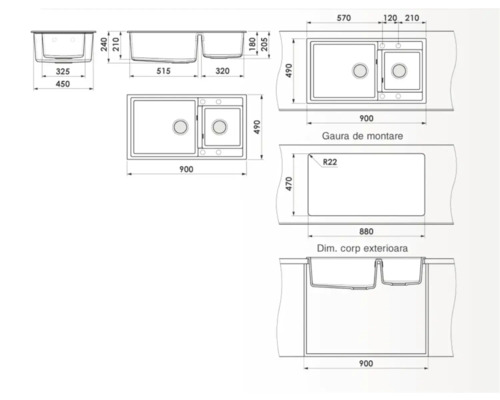 Desen tehnic al unei chiuvete cu două cuve și dimensiuni