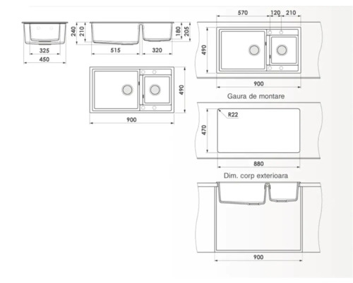 Desen tehnic al unei chiuvete cu două cuve și dimensiuni.