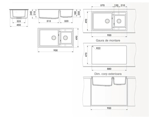 Desen tehnic cu dimensiunile unei chiuvete de bucătărie