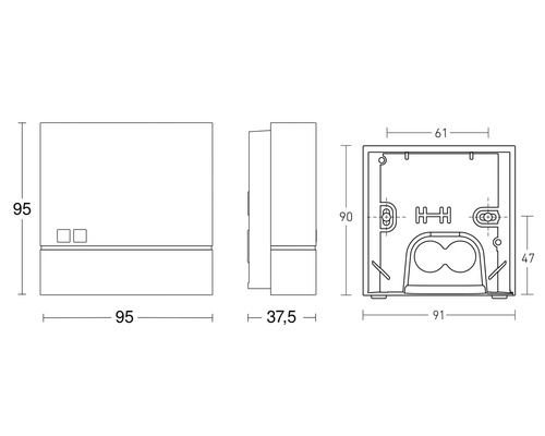 Desen tehnic al unei cutii de montaj îngropate cu indicații de dimensiuni.