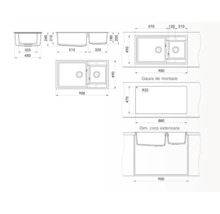 Desen tehnic al unei chiuvete cu cuvă dublă și dimensiuni.