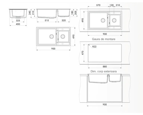 Desen tehnic al unei chiuvete cu cuvă dublă și dimensiuni.
