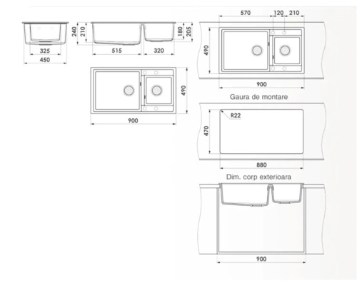 Desen tehnic al unei chiuvete de bucătărie cu cuvă dublă și dimensiuni