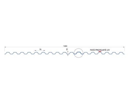 Desen tehnic al unei plăci trapezoidale cu protecție UV și indicații de dimensiuni