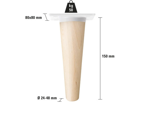 Picior de mobilă din lemn cu o capacitate portantă de 50 kilograme și dimensiunile 150 x 80 x 80 milimetri