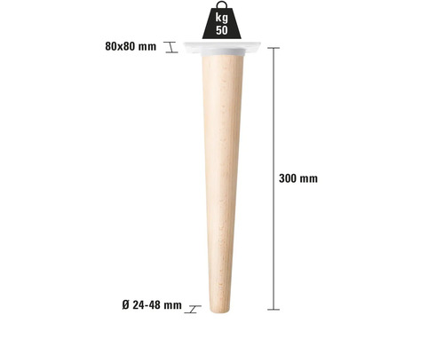 Picior de mobilă din lemn, lungime 300 mm, sarcină maximă 50 kg