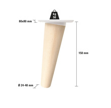 Picior de mobilă din lemn, înălțime 150 mm, cu dimensiunile 80x80 mm în partea de sus și un diametru de 24 până la 48 mm în partea de jos, capacitate portantă 50 kg