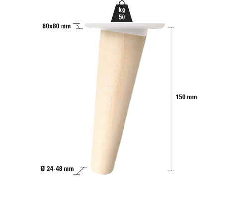 Picior de mobilă din lemn, înălțime 150 mm, cu dimensiunile 80x80 mm în partea de sus și un diametru de 24 până la 48 mm în partea de jos, capacitate portantă 50 kg