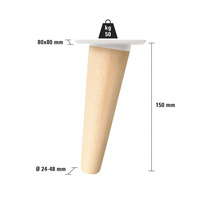 Picior de mobilă din lemn, formă conică, 150 mm înălțime, capacitate portantă 50 kg