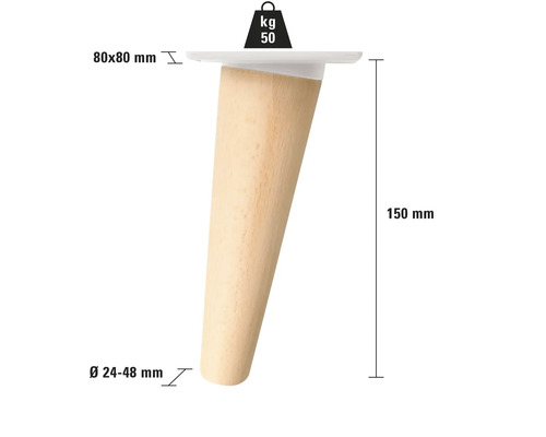 Picior de mobilă din lemn, formă conică, 150 mm înălțime, capacitate portantă 50 kg