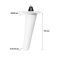 Picior de mobilă cu dimensiunile 150 mm înălțime, placă de montaj de 80 x 80 mm și diametru de 24 până la 48 mm, capacitate maximă de încărcare de 50 de kilograme