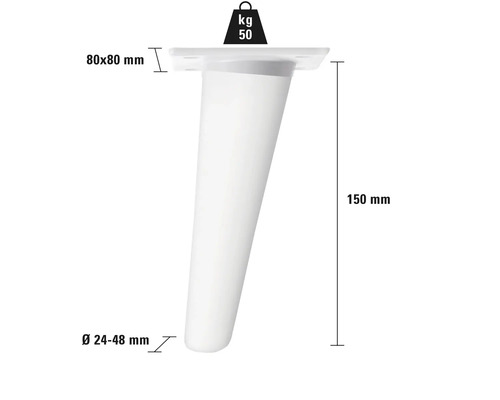 Picior de mobilă cu dimensiunile 150 mm înălțime, placă de montaj de 80 x 80 mm și diametru de 24 până la 48 mm, capacitate maximă de încărcare de 50 de kilograme