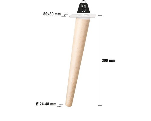 Picior de mobilă din lemn, înălțime 300 mm, diametru 24 - 48 mm, placă de montaj 80 x 80 mm, capacitate portantă 50 kg
