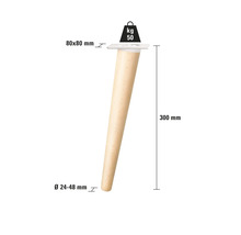 Picior de mobilă din lemn, lungime 300 mm, diametru jos 24 până la 48 mm, placă de montaj 80 x 80 mm, capacitate maximă de încărcare 50 kg