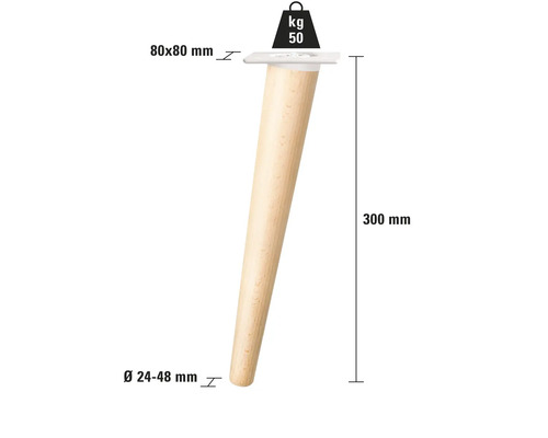 Picior de mobilă din lemn, lungime 300 mm, diametru jos 24 până la 48 mm, placă de montaj 80 x 80 mm, capacitate maximă de încărcare 50 kg