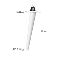 Picior de mobilă cu dimensiunile de 80 x 80 milimetri, o înălțime de 300 milimetri și un diametru de 24 până la 48 milimetri, suportă până la 50 de kilograme