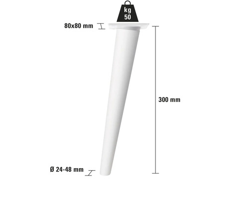 Picior de mobilă cu dimensiunile de 80 x 80 milimetri, o înălțime de 300 milimetri și un diametru de 24 până la 48 milimetri, suportă până la 50 de kilograme