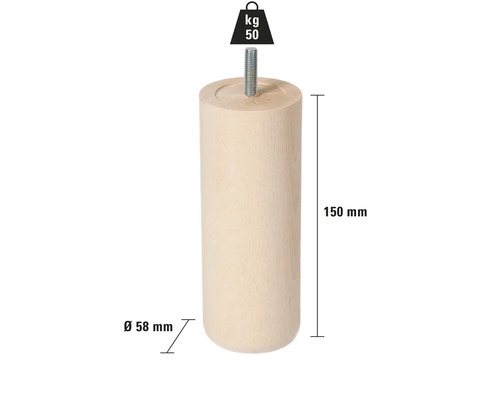 Picior de mobilier din lemn, înălțime 150 mm, diametru 58 mm, capacitate portantă 50 kg