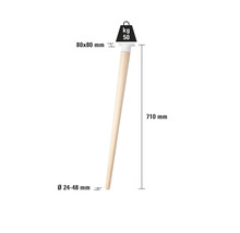 Picior de mobilier din lemn cu dimensiunile 80 x 80 mm, lungime de 710 mm și diametru de 24 până la 48 mm, capacitate maximă de încărcare de 50 kg