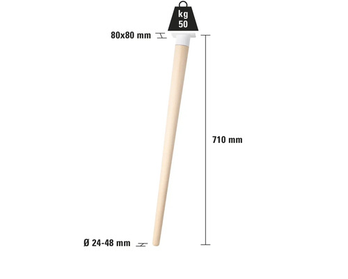 Picior de mobilier din lemn cu dimensiunile 80 x 80 mm, lungime de 710 mm și diametru de 24 până la 48 mm, capacitate maximă de încărcare de 50 kg