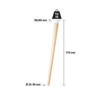 Picior de mobilă individual din lemn cu dimensiunile de 710 mm lungime, 80x80 mm în partea de sus și un diametru de 24 până la 48 mm în partea de jos.