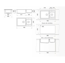 Desen tehnic al unei chiuvete cu două cuve și dimensiuni
