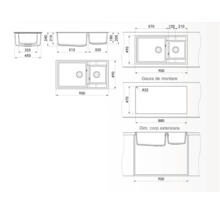 Desen tehnic al unei chiuvete cu cuvă dublă și dimensiunile corespunzătoare