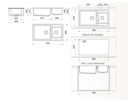 Desen tehnic al unei chiuvete cu cuvă dublă și dimensiunile corespunzătoare