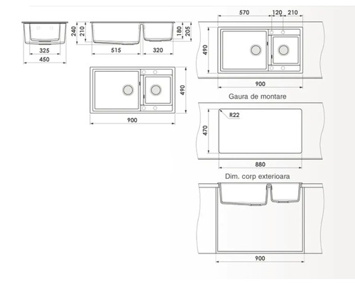 Desen tehnic cu dimensiunile unei chiuvete