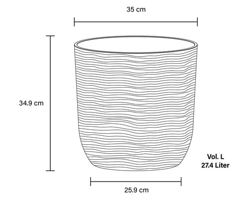 Imagine a unui vas de plante cu dimensiunile de 35 cm lățime, 34,9 cm înălțime și 25,9 cm diametrul bazei, volum 27,4 litri