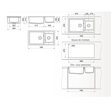 Desen tehnic cu chiuvetă cu două cuve și dimensiuni