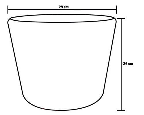 Schiță a unui ghiveci de flori cu dimensiunile de 29 cm lățime și 26 cm înălțime